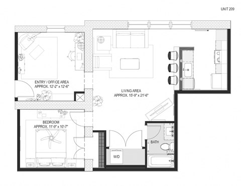 Floor plan for 1 bed, 1 bath, 891 sqft